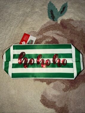 NEW Merry Moments Green Striped 'ho ho ho' Cosmetic Bag